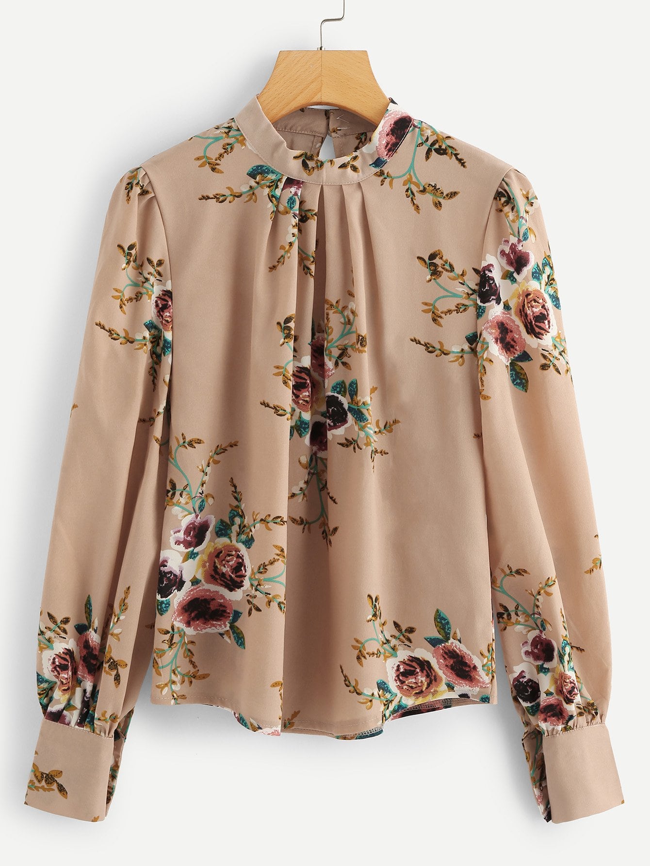 Mock Neck Pleated Floral Blouse