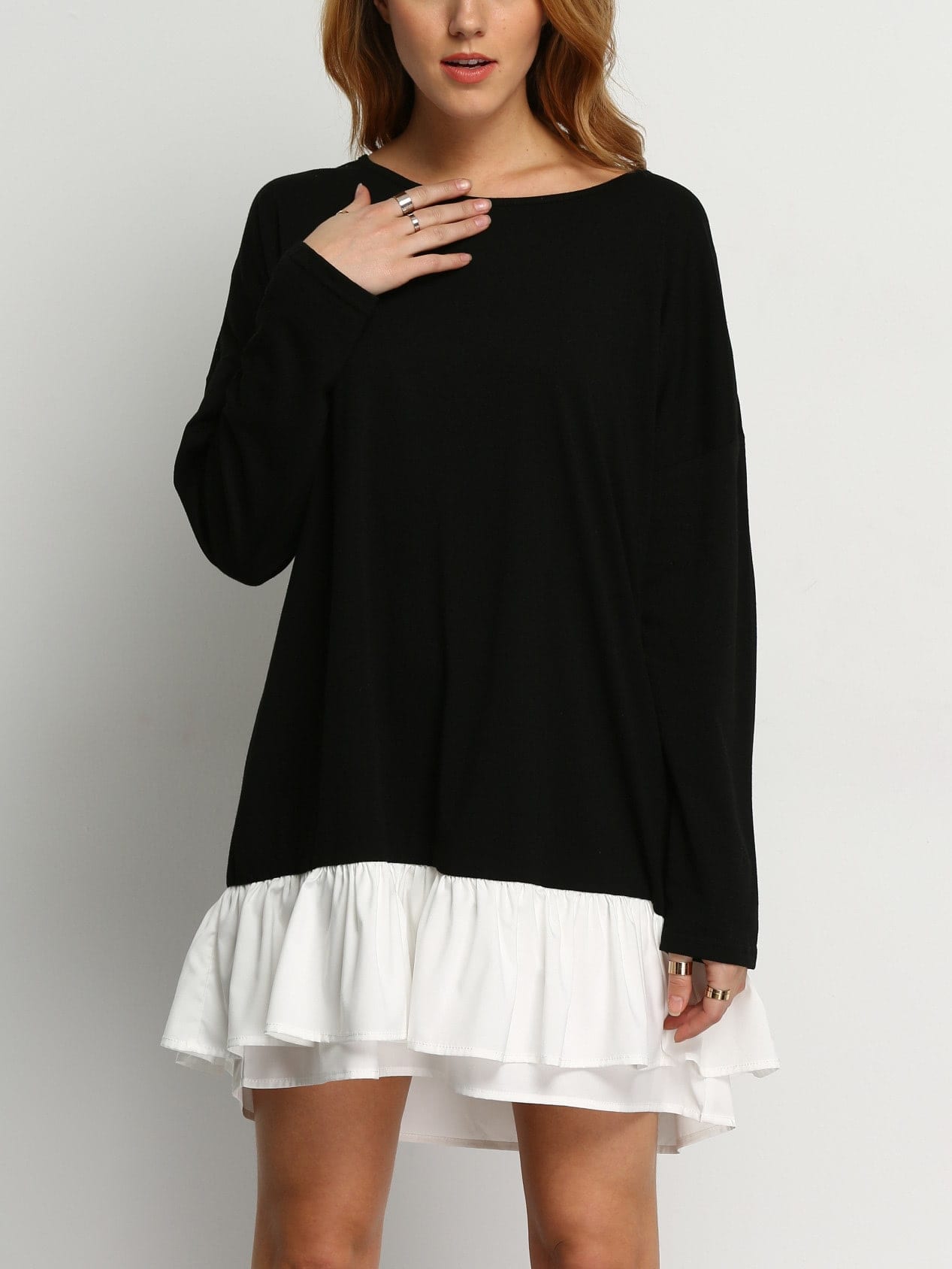 Black Round Neck Contrast White Flounce Hem Dress