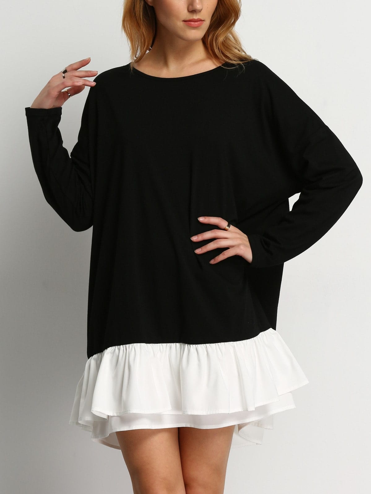 Black Round Neck Contrast White Flounce Hem Dress