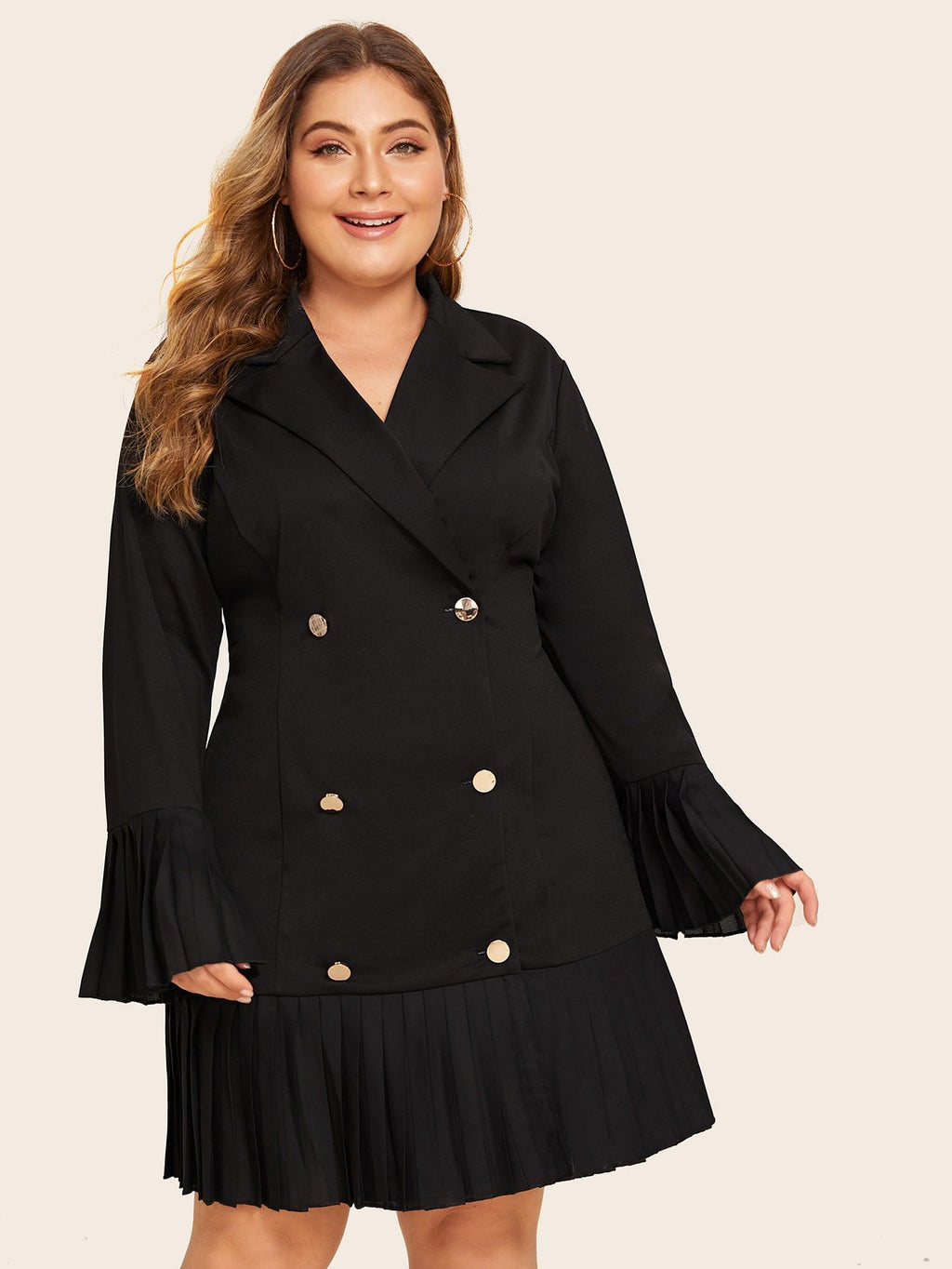 Plus Double Breasted Pleated Hem Blazer Dress