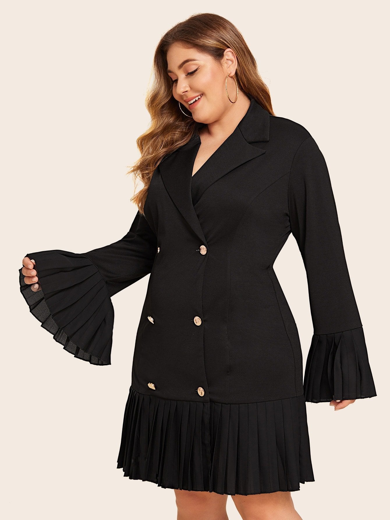 Plus Double Breasted Pleated Hem Blazer Dress