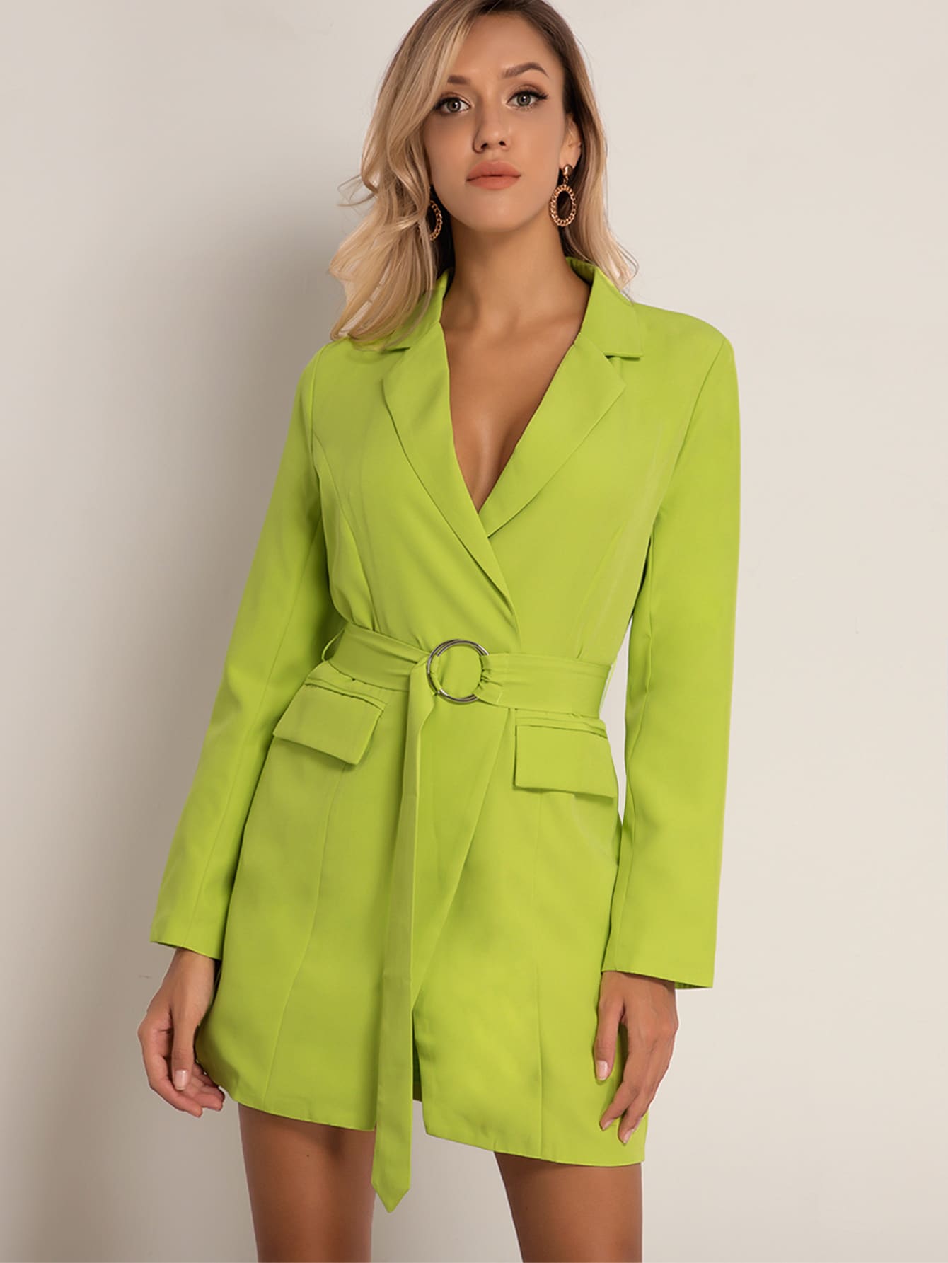 Joyfunear Solid Flap O-ring Belted Blazer Dress