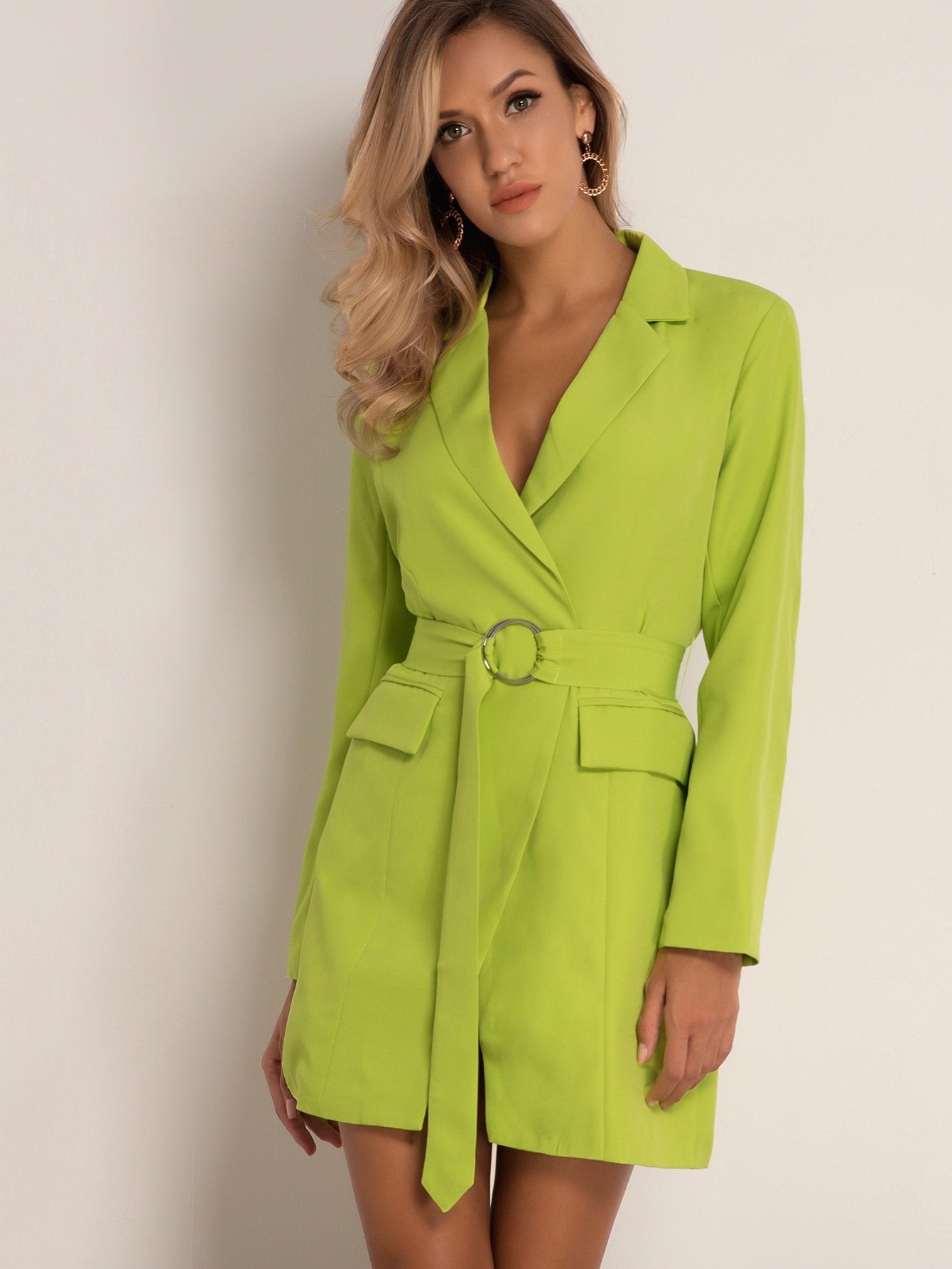 Joyfunear Solid Flap O-ring Belted Blazer Dress