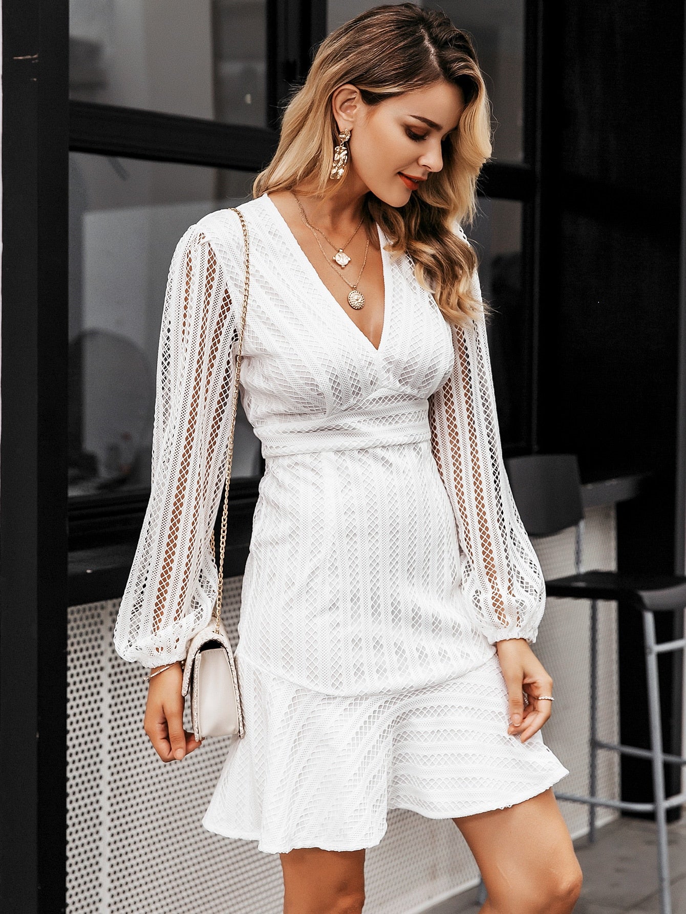 Short White Lace Dress With Long Sleeves