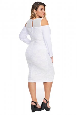 White Cold Shoulder Mesh Yoke Plus Size Dress