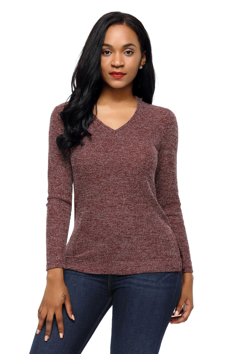 Wine Long Sleeve Knit Hooded Top