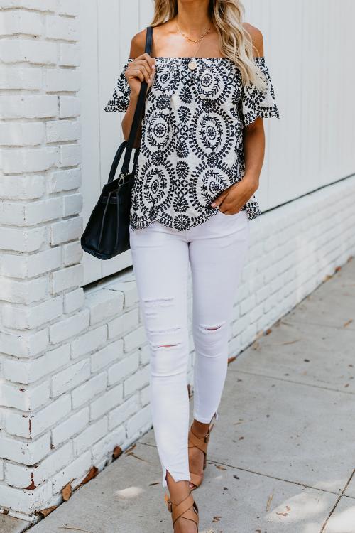 White Off Shoulder Floral Top