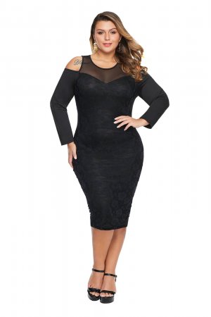 White Cold Shoulder Mesh Yoke Plus Size Dress