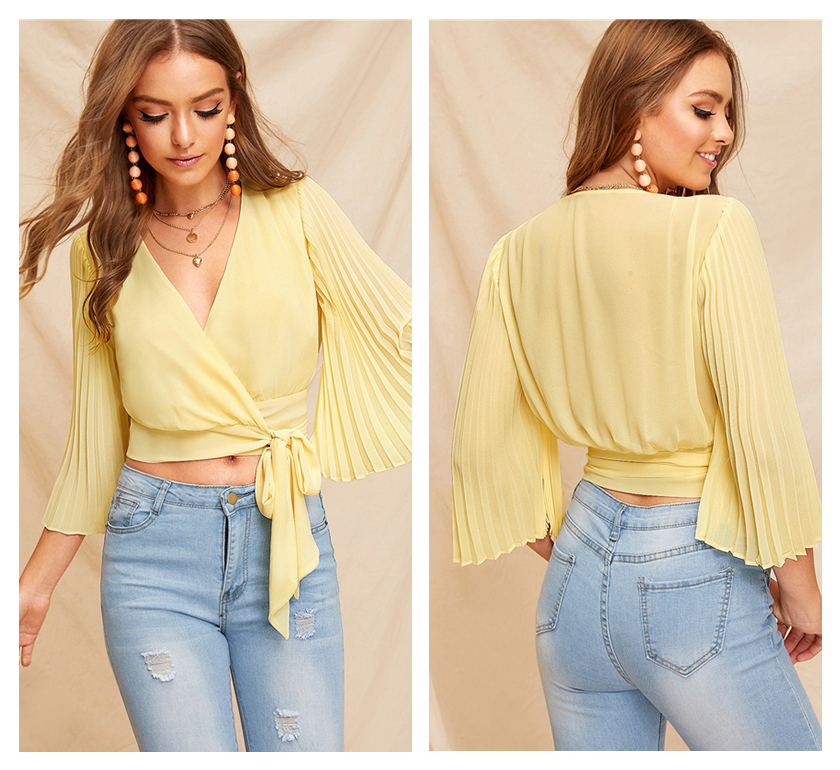 V Neck Pleated Bell Sleeve Wrap Blouse