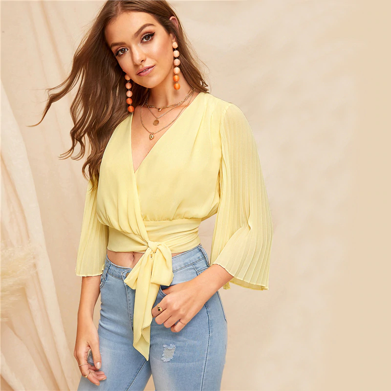 V Neck Pleated Bell Sleeve Wrap Blouse