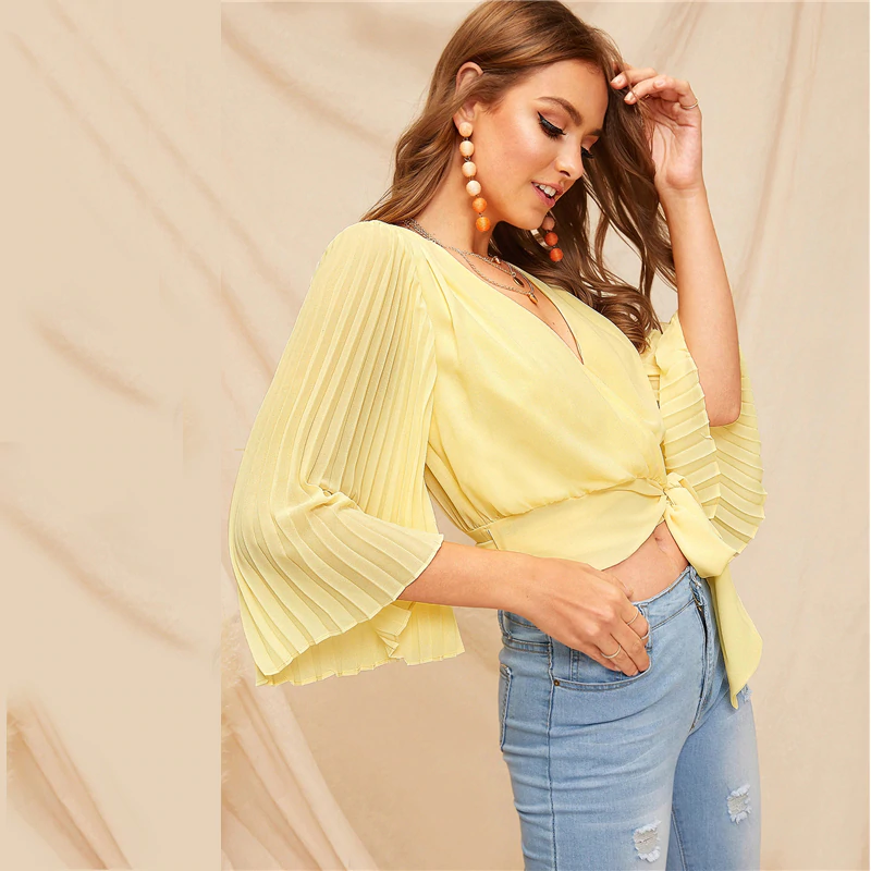 V Neck Pleated Bell Sleeve Wrap Blouse