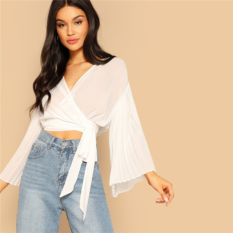 White Pleated Bell Sleeve Wrap Blouse