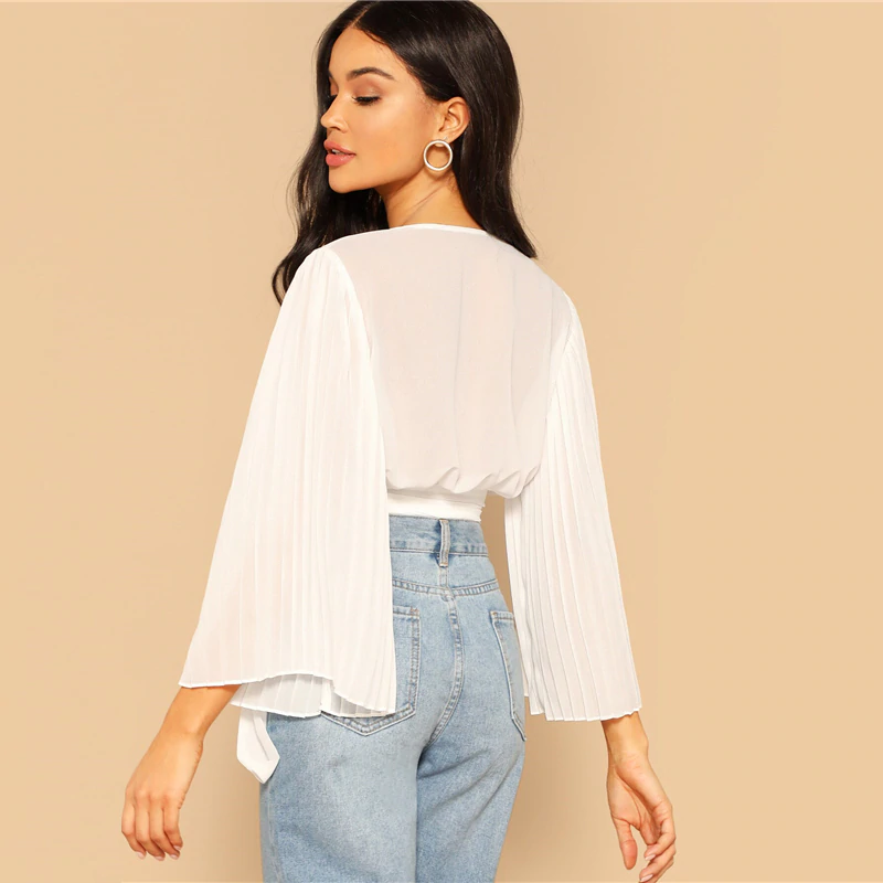 White Pleated Bell Sleeve Wrap Blouse