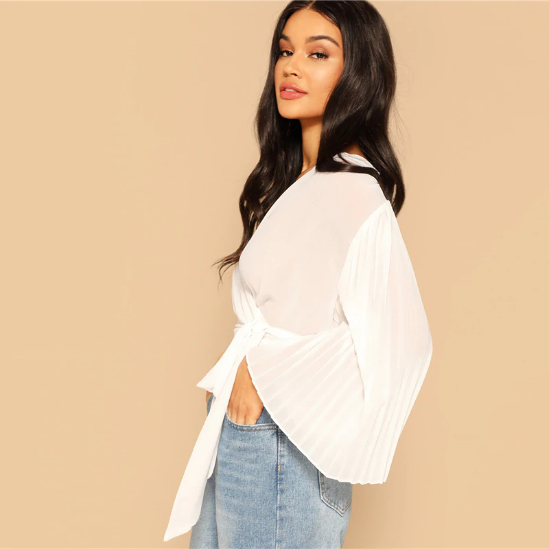 White Pleated Bell Sleeve Wrap Blouse