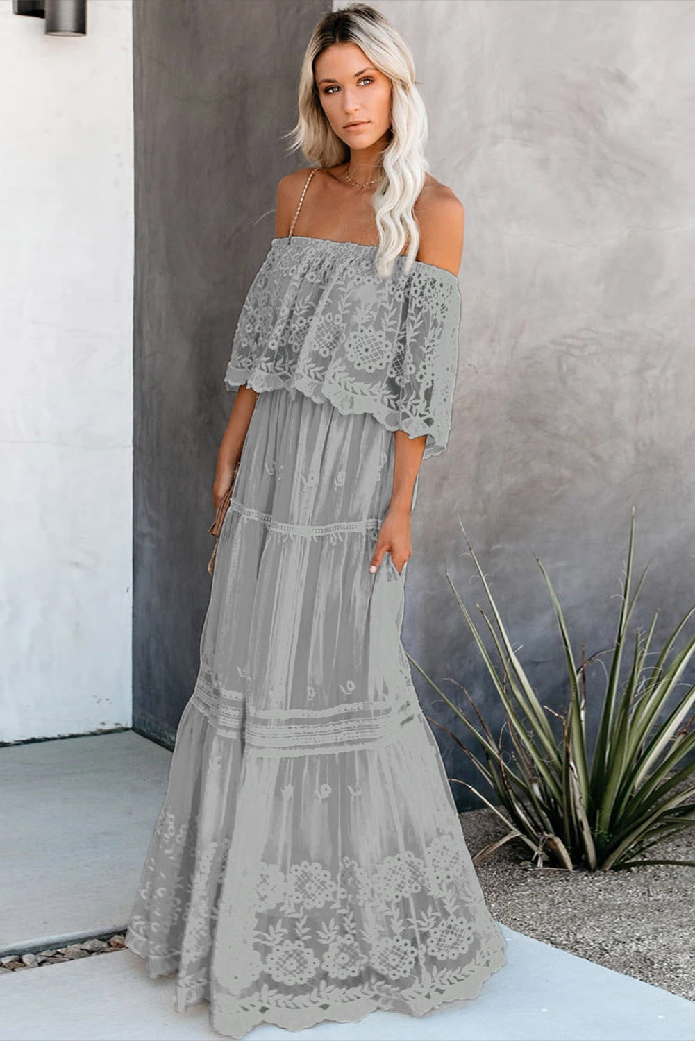 Pink Lace Off the Shoulder Maxi Dress