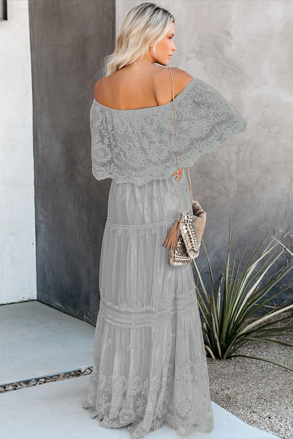 Grey Lace Off the Shoulder Maxi Dress