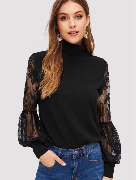 Black High Neck Lace Lantern Sleeve Top