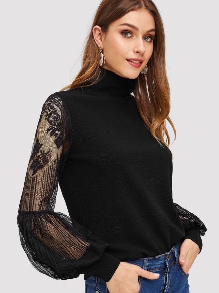 Black High Neck Lace Lantern Sleeve Top