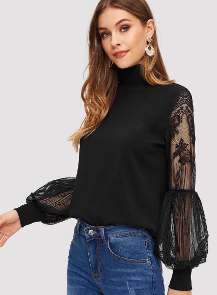 Black High Neck Lace Lantern Sleeve Top