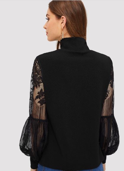 Black High Neck Lace Lantern Sleeve Top