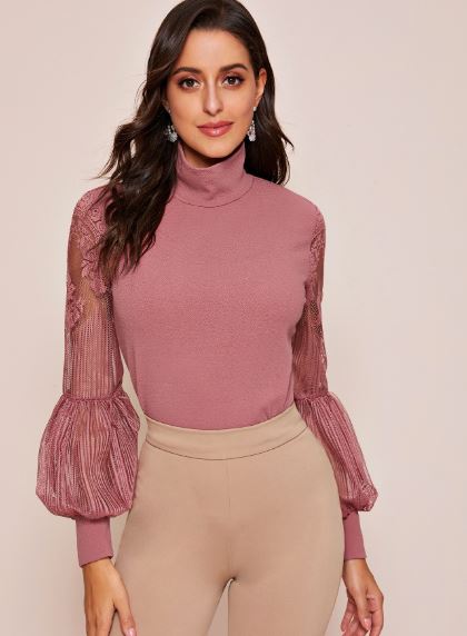 Black High Neck Lace Lantern Sleeve Top