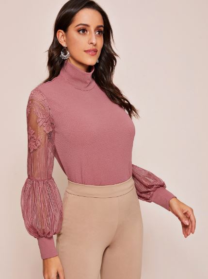 Black High Neck Lace Lantern Sleeve Top