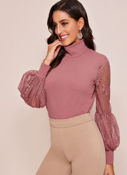 Black High Neck Lace Lantern Sleeve Top