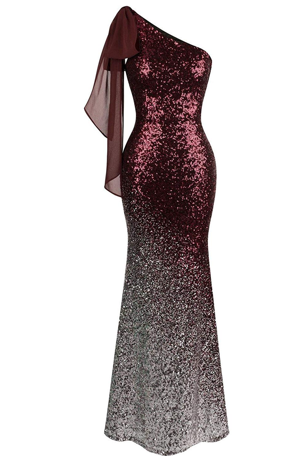 Red One Shoulder Sequin Mermaid Evening Dress