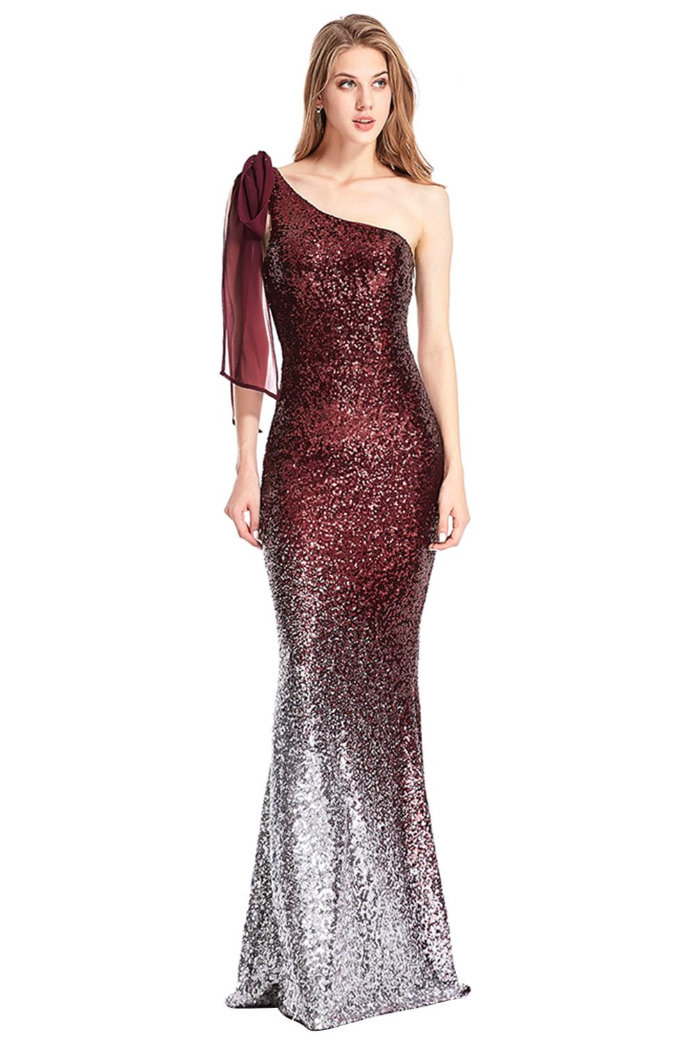 Red One Shoulder Sequin Mermaid Evening Dress