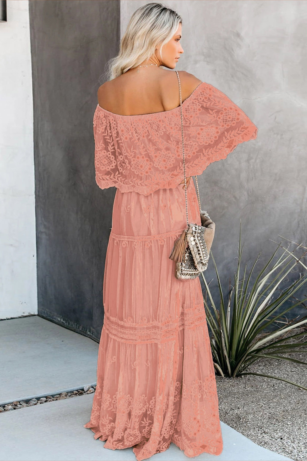 Pink Lace Off the Shoulder Maxi Dress