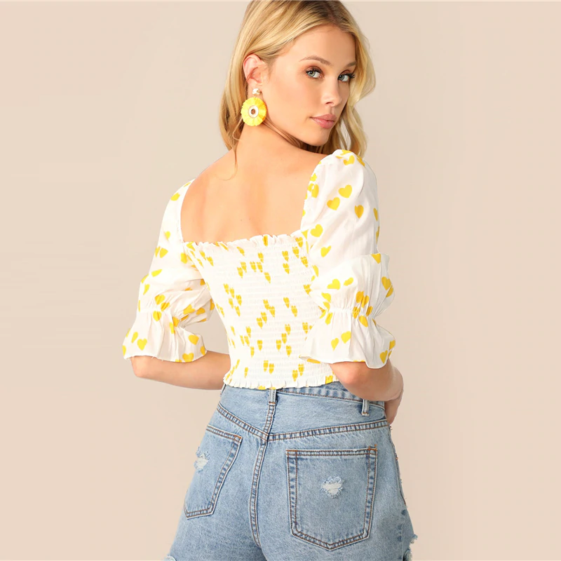 Heart Print Gathered Sleeve Crop Top