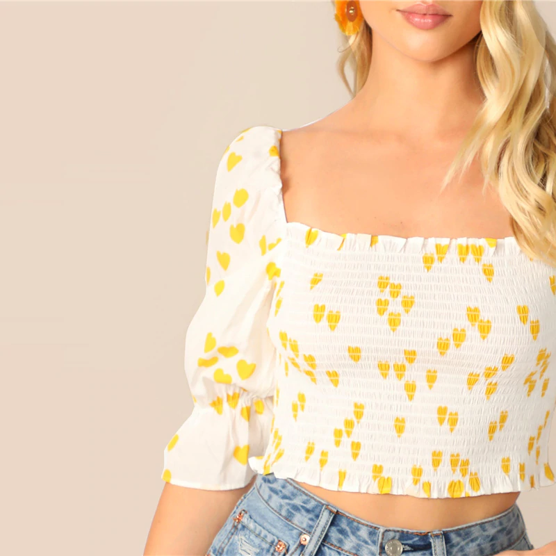 Heart Print Gathered Sleeve Crop Top