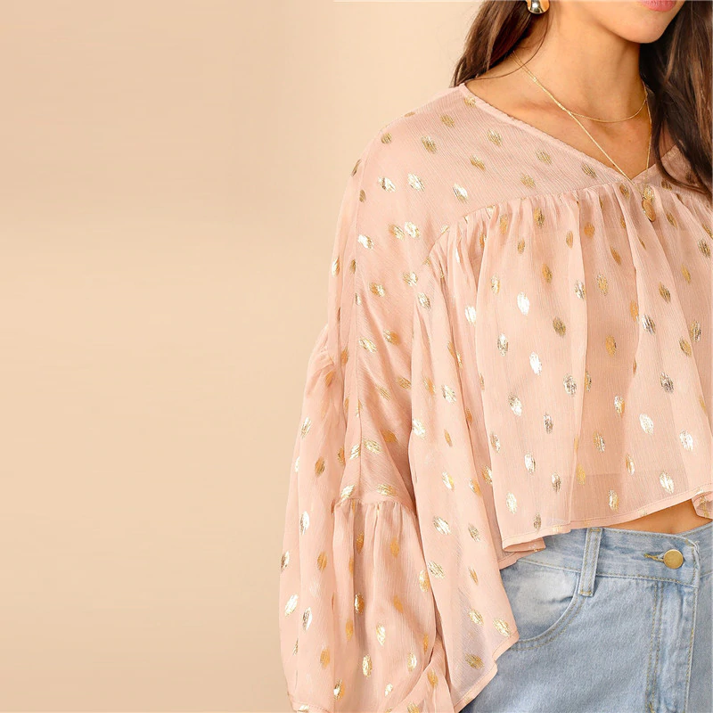 Gold Polka Dot V Neck Crop Top