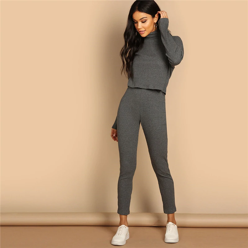 Turtleneck Drop Shoulder Crop Top and Leggings