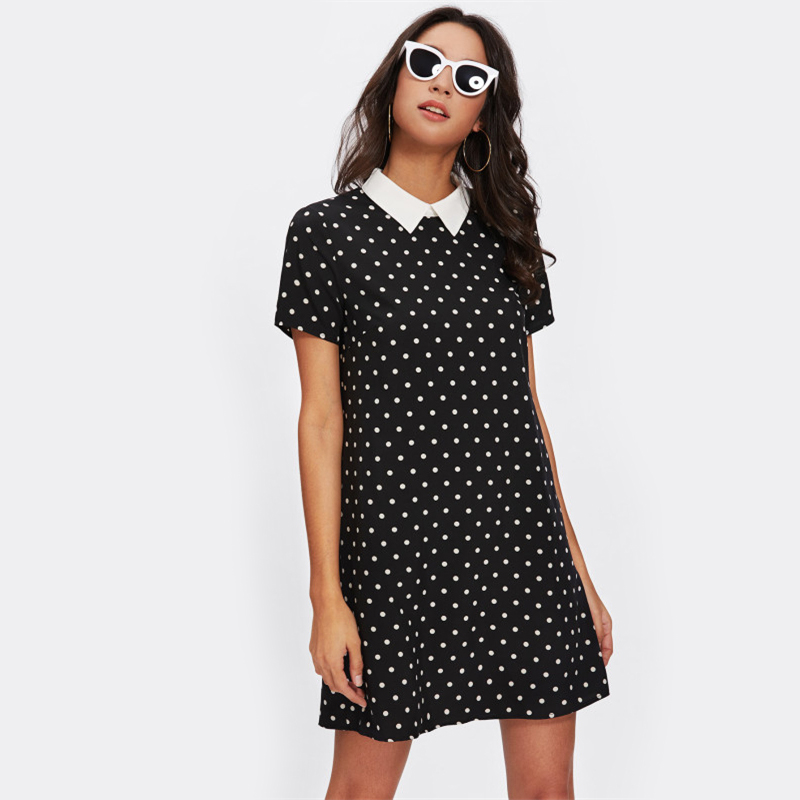 Contrast Collar Black Polka Dot Shift Dress