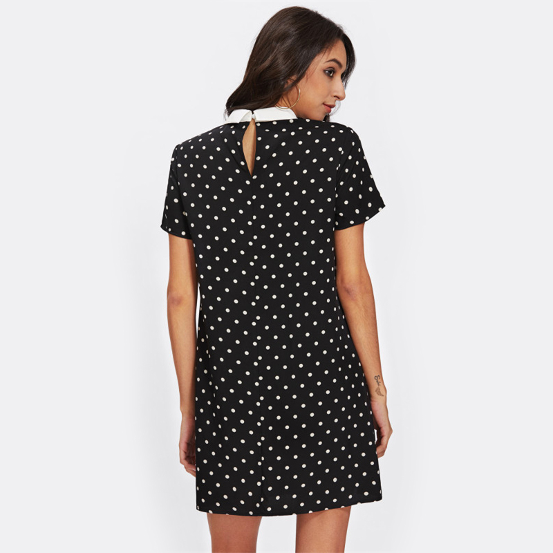 Contrast Collar Black Polka Dot Shift Dress
