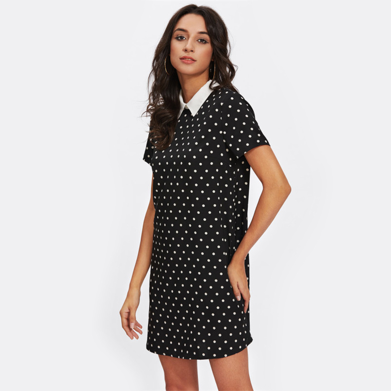 Contrast Collar Black Polka Dot Shift Dress