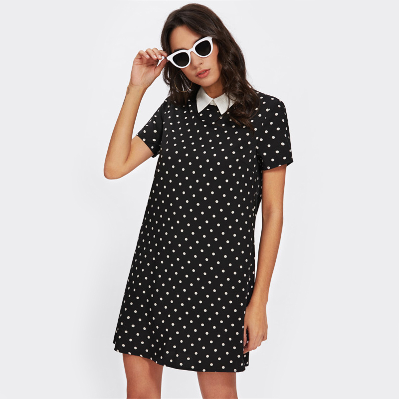 Contrast Collar Black Polka Dot Shift Dress