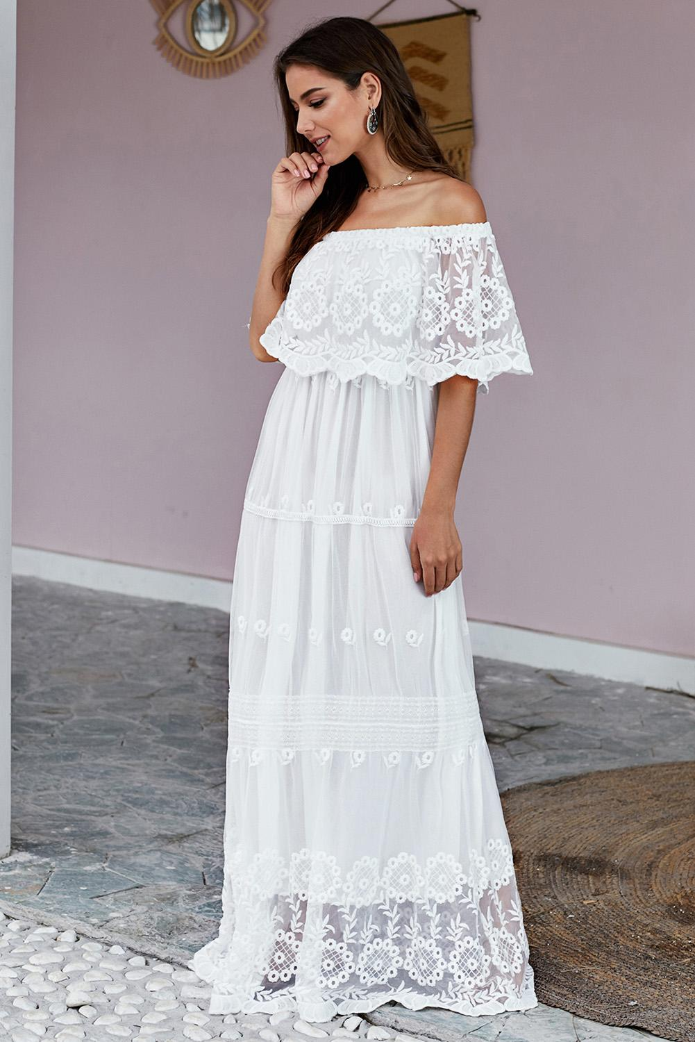 White Lace Off the Shoulder Maxi Dress