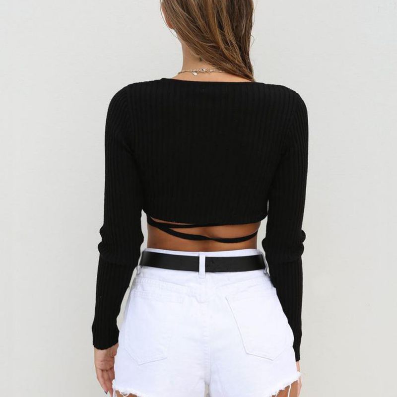 Women Deep V Neck Top Cross Straps Elastic Cropped Top Long Sleeve Knitting Clothing 5