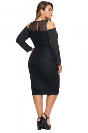 White Cold Shoulder Mesh Yoke Plus Size Dress