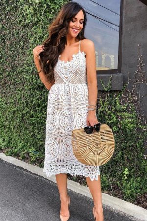 White Crochet Lace Midi Party Dress