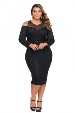White Cold Shoulder Mesh Yoke Plus Size Dress
